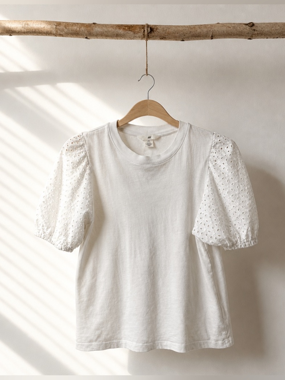 H&M Cotton Eyelet Puff Sleeve Tee - White